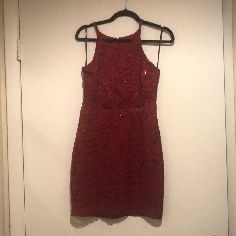 Burgundy , lace  and sequence semi formal dress